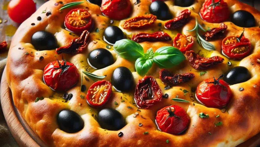 Focaccia z Oliwkami, Pomidorami i Bazylią