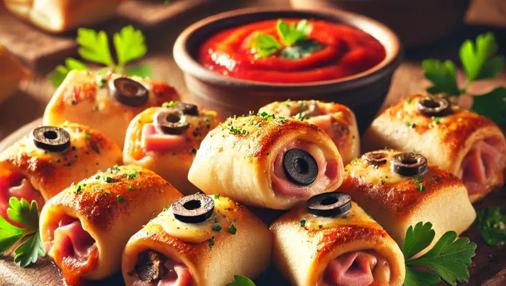 Roladki z pizzy z szynką, pieczarkami i oliwkami