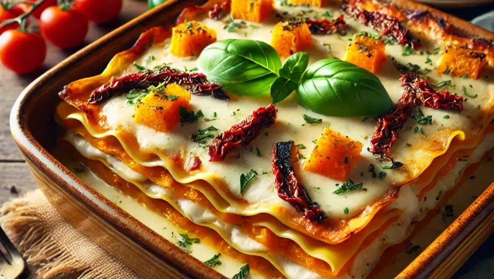 Lasagne z mozzarellą, dynią i suszonymi pomidorami