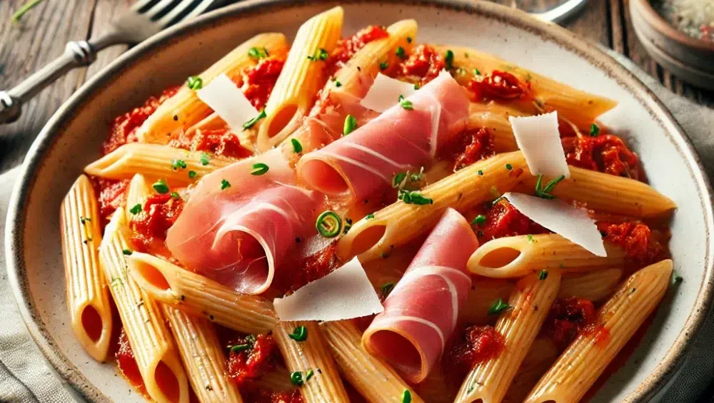 Makaron z szynką parmeńską i sosem pomidorowym