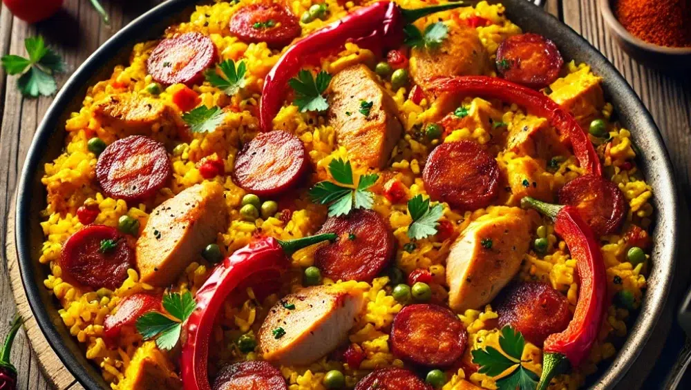 Hiszpańska paella z chorizo i kurczakiem