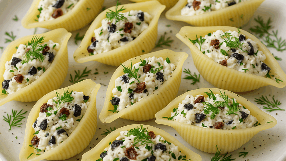 Conchiglioni nadziewane twarogiem z oliwkami i suszonymi pomidorami
