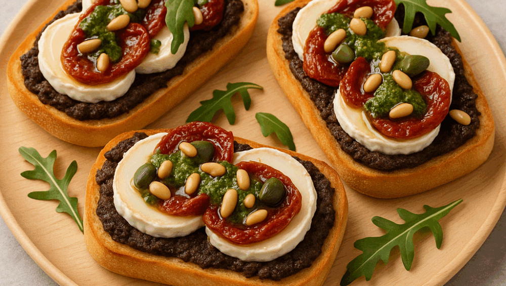 Sandwich z tapenade z czarnych oliwek, serem kozim i suszonymi pomidorami