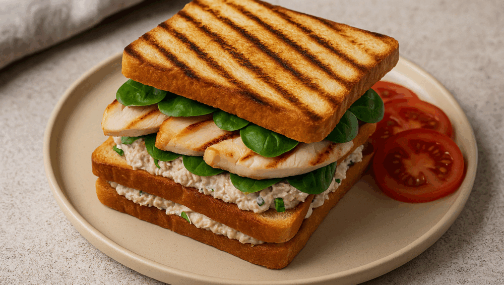 Sandwich z pastą z tuńczyka i grillowanym kurczakiem