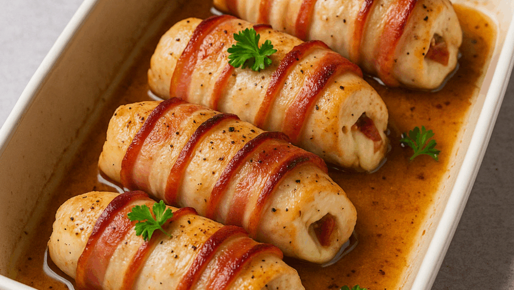 Roladki z kurczaka z suszonymi pomidorami i mozzarellą zawijane w boczku