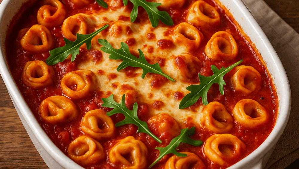 Włoskie pierożki tortellini zapiekane w sosie pomidorowym