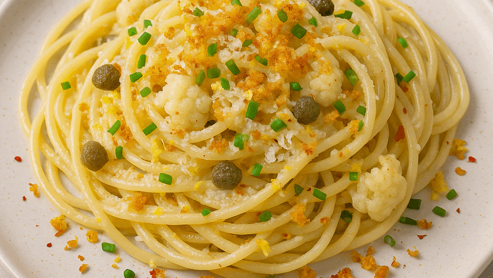 Spaghetti z kalafiorem, kaparami i skórką cytryny