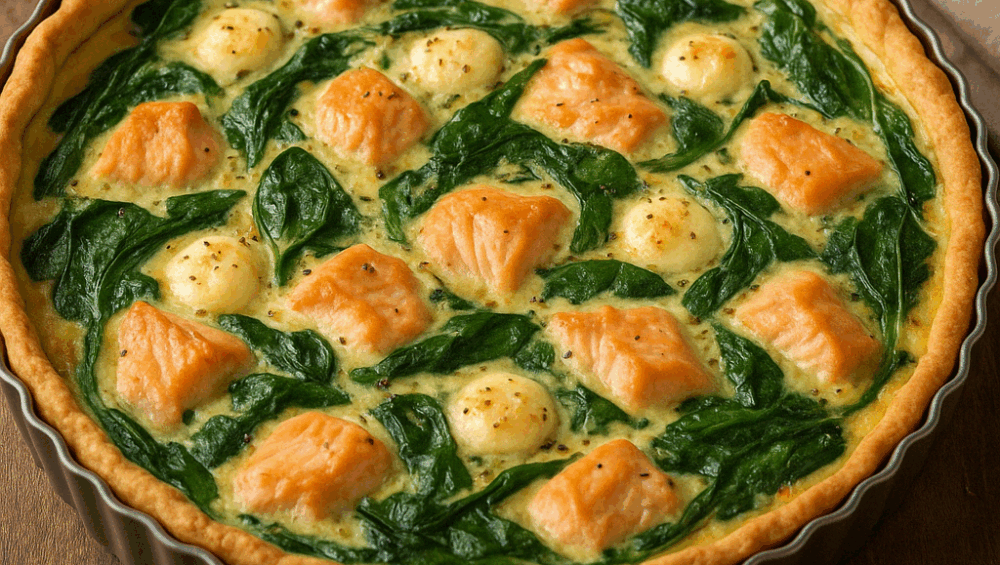 Wytrawna tarta z łososiem, szpinakiem i mozzarellą