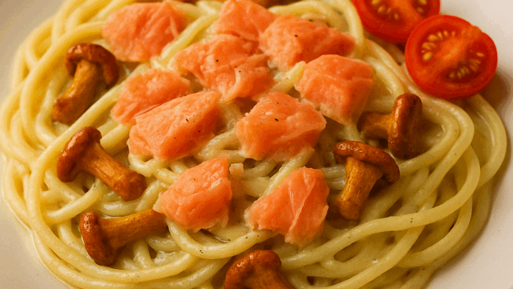 Makaron spaghetti z kurkami, wędzonym łososiem i sosem parmezanowym