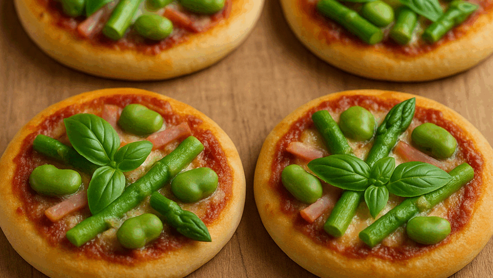 Mini pizze ze szparagami, bobem i szynką