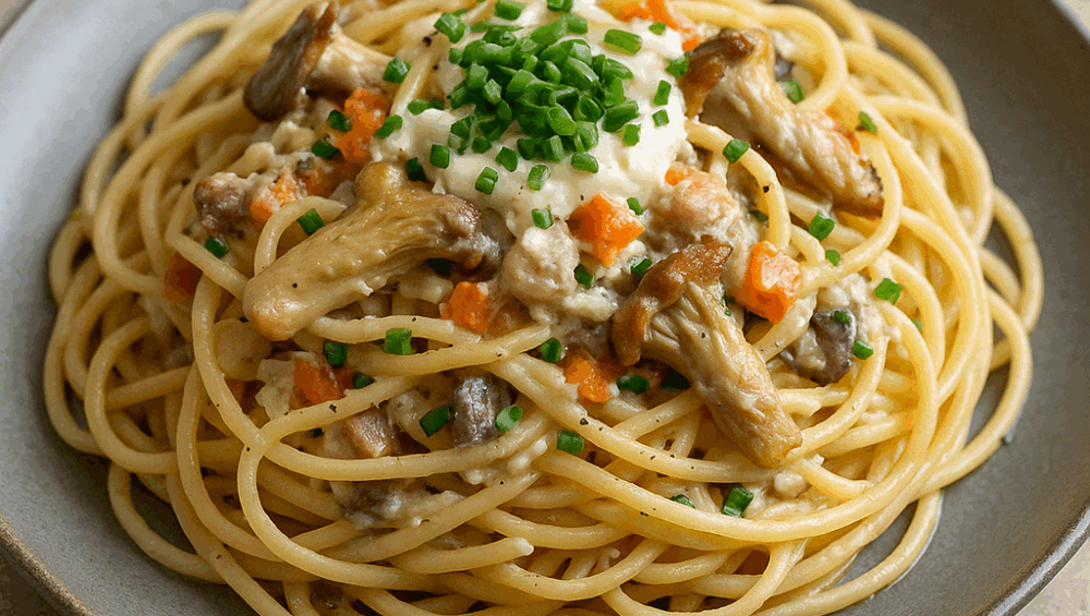 Spaghetti z boczniakami w kozim sosie