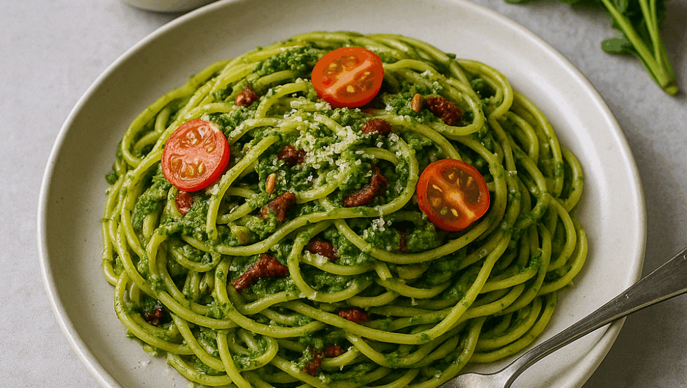 Makaron z pesto z liści rzodkiewki