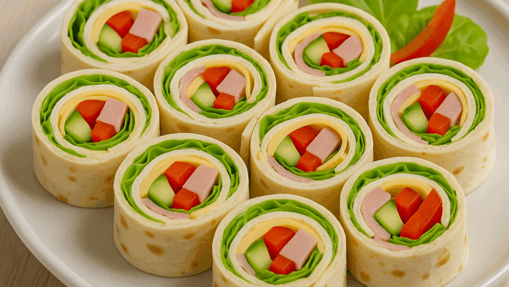 Tortilla z żółtym serem, szynką, ogórkiem i papryką