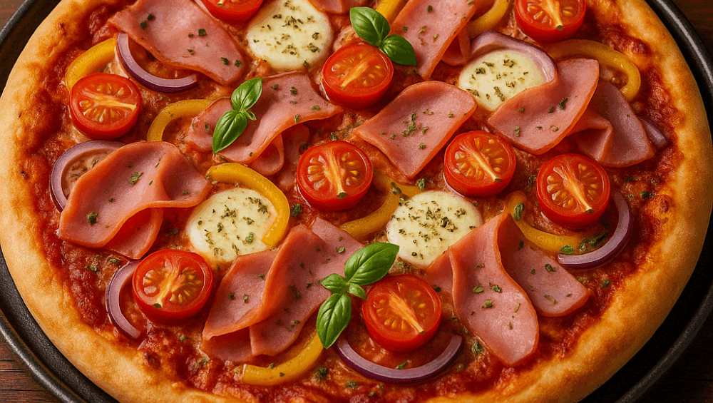 Pizza z mozzarellą, szynką i pomidorkami cherry