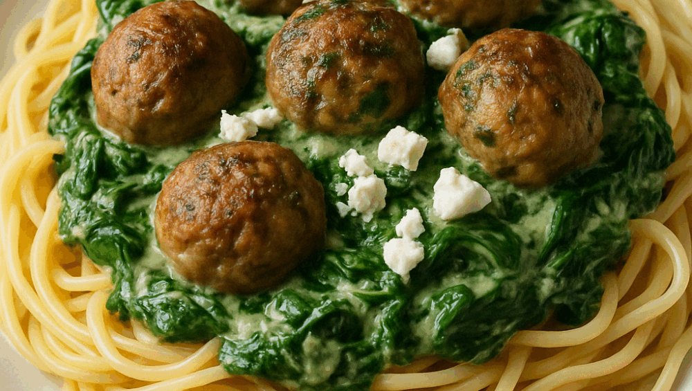 Spaghetti ze szpinakiem i klopsikami