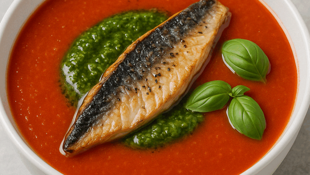 Chłodnik pomidorowy z grillowaną makrelą i pesto