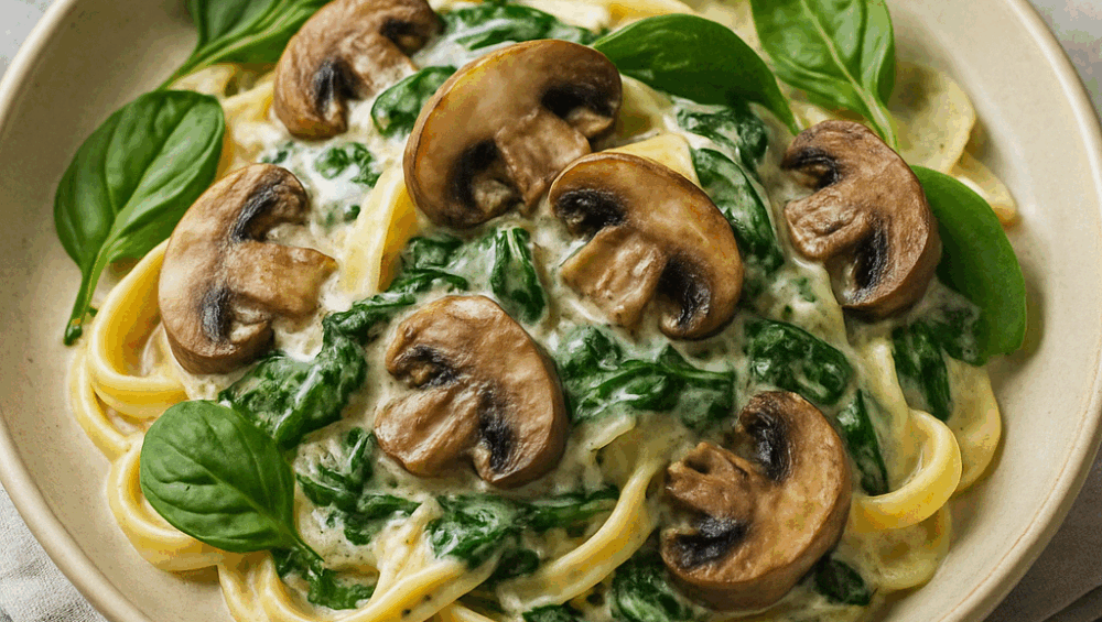 Borowikowa tagliolina w sosie śmietanowym ze szpinakiem i pieczarkami portobello
