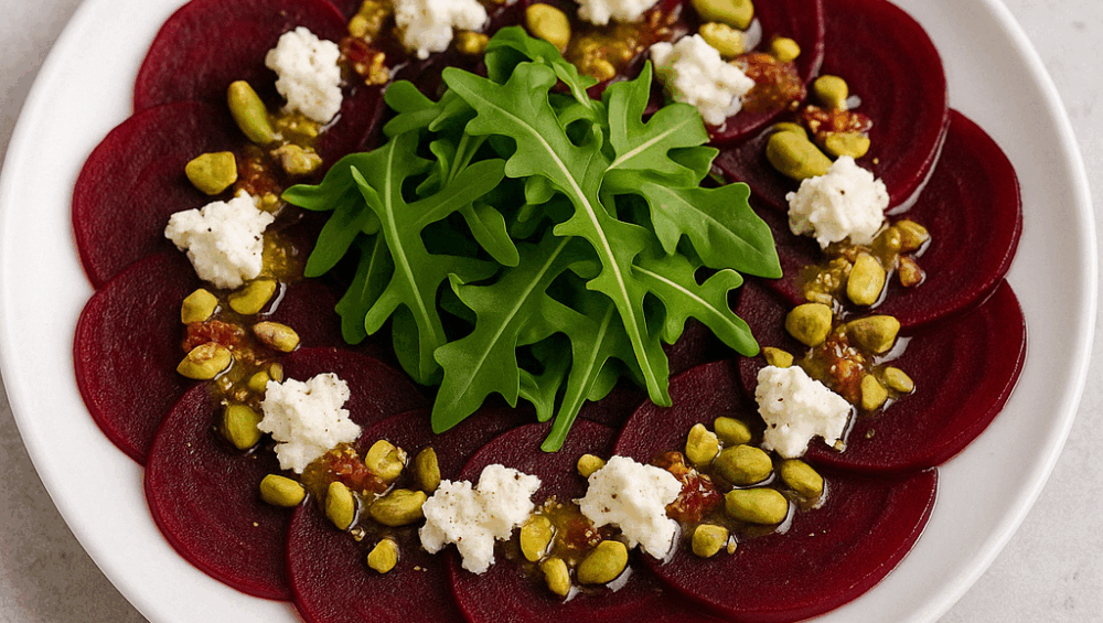 Carpaccio z buraków z rukolą, kozim serem i pistacjami