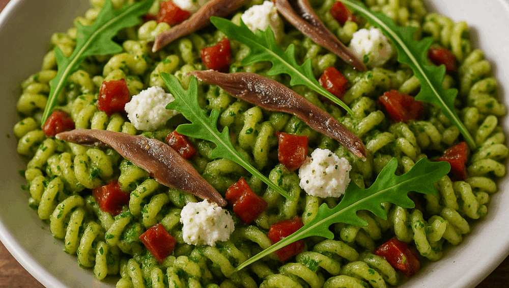 Makaron z pesto z rukoli, anchois i pomidorów