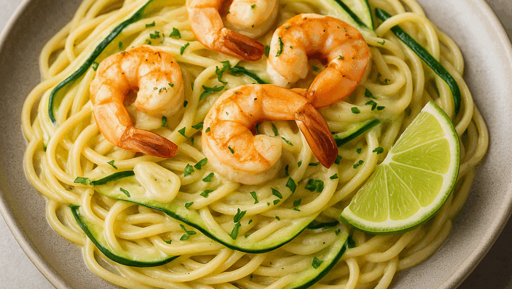 Spaghetti z krewetkami, cukinią i limonką