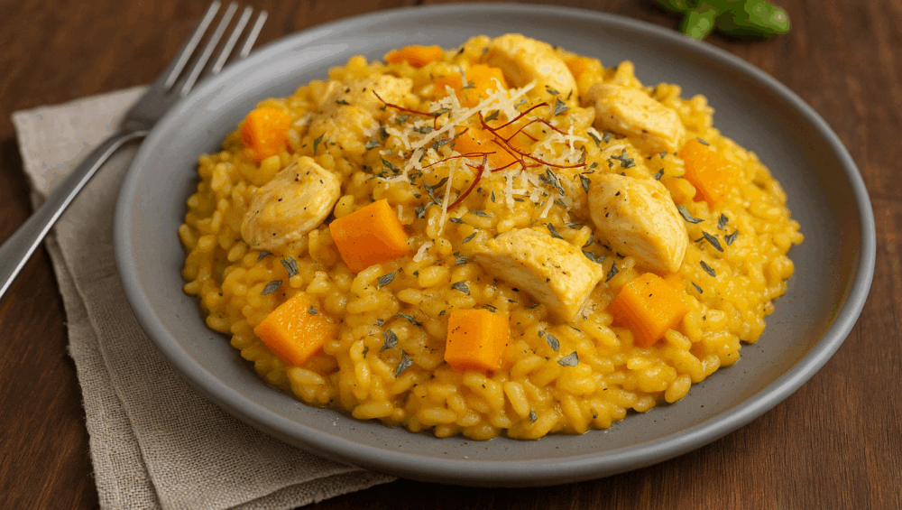 risotto z dynią, kurczakiem i szafranem