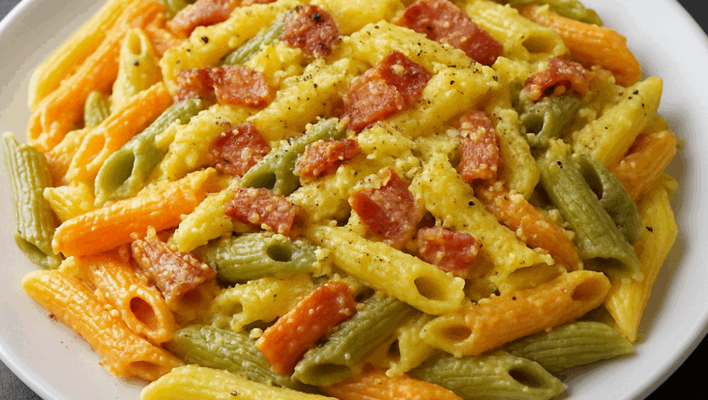 Sos carbonara do kolorowego makaronu penne