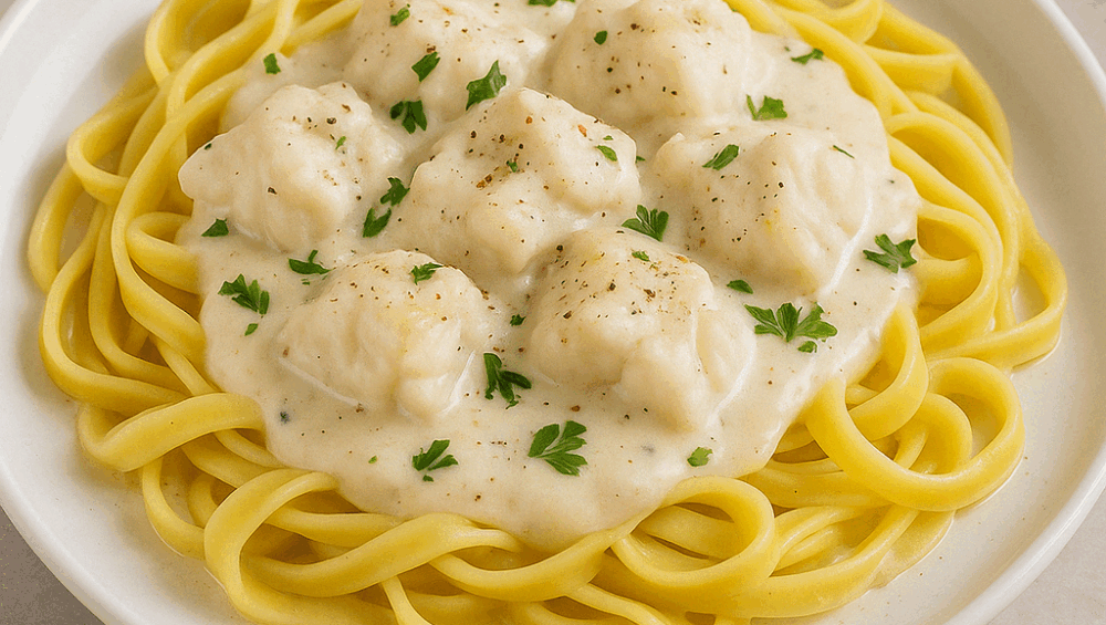 Makaron z dorszem w białym sosie