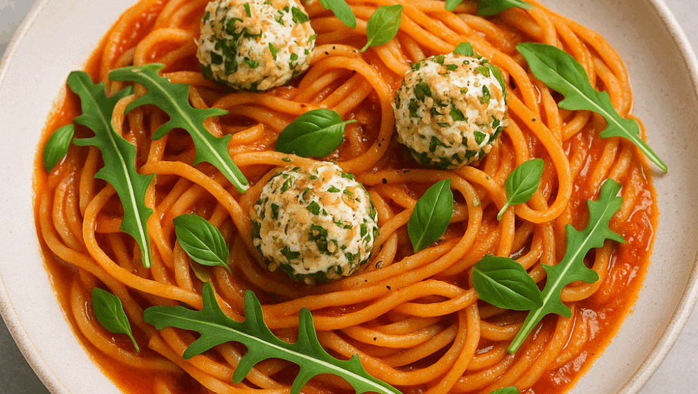 Spaghetti w sosie z kulkami serowymi