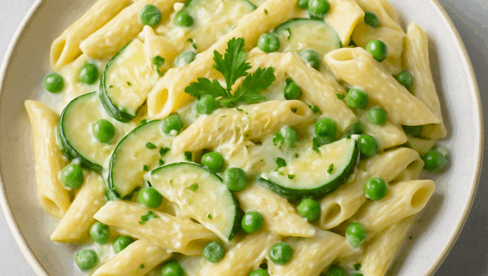 Penne kremowe z cukinią i groszkiem