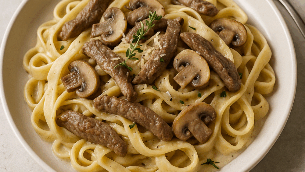 Tagliatelle z wołowiną i pieczarkami