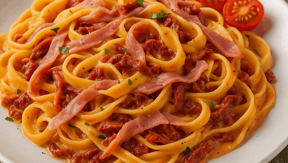 Tagliatelle z szynką i suszonymi pomidorami