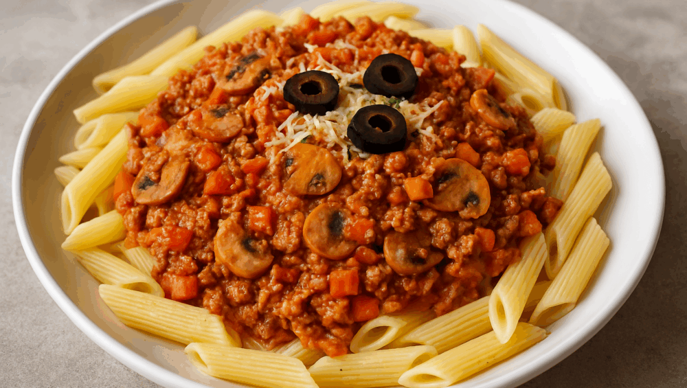 Penne w sosie mięsno-pieczarkowym Zewy