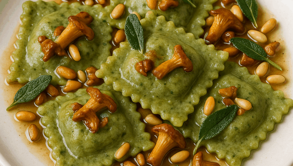 ravioli szpinakowe z kurkami, mozzarellą i orzeszkami pinii