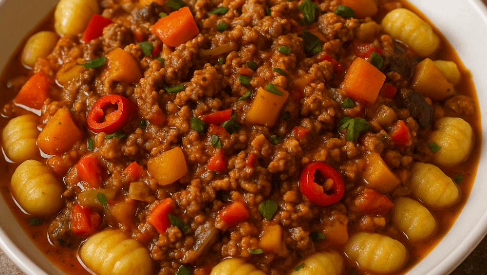 Gnocchi z sosem wielowarzywnym i mięsem królika
