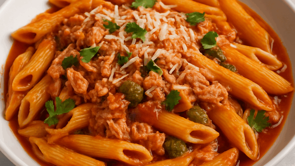 makaron z tuńczykiem, sosem pomidorowym i pesto