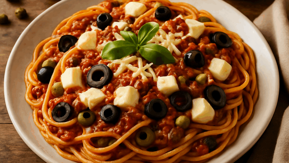 spaghetti z sosem pomidorowym, oliwkami, kaparami i mozzarellą