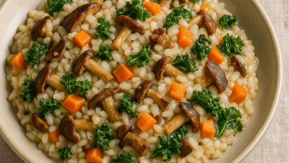 Grzybowe risotto z marchewką i jarmużem