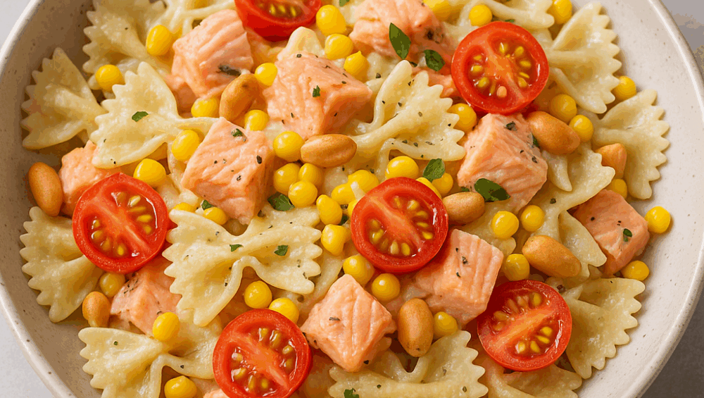 Farfalle z łososiem, orzeszkami ziemnymi i mascarpone