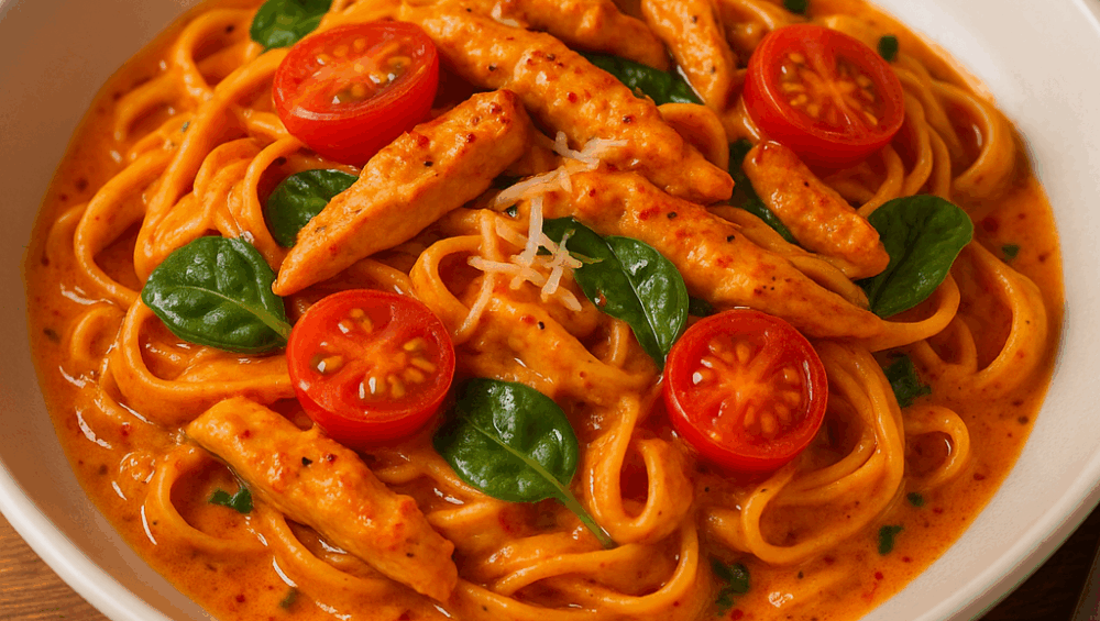 Tagliatelle w pikantnym kremowym sosie z kurczakiem