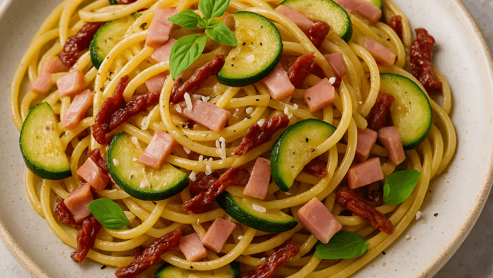 Spaghetti z suszonymi pomidorami, cukinią, szynką i parmezanem