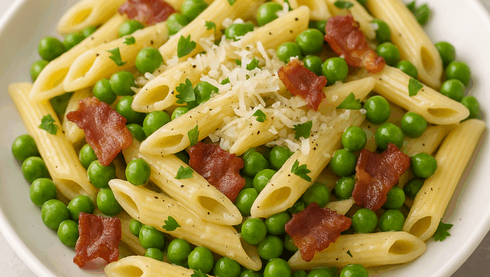 Penne z młodym groszkiem i chrupiącym boczkiem