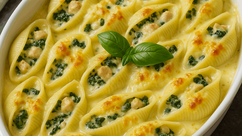 Conchiglioni ze szpinakiem i kurczakiem w sosie serowym