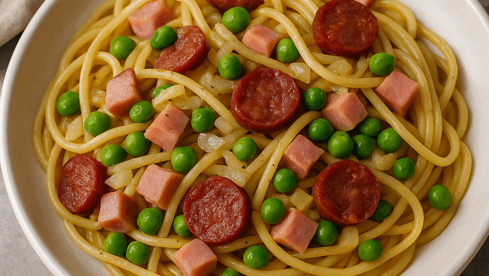 spaghetti z szynką, chorizo i groszkiem