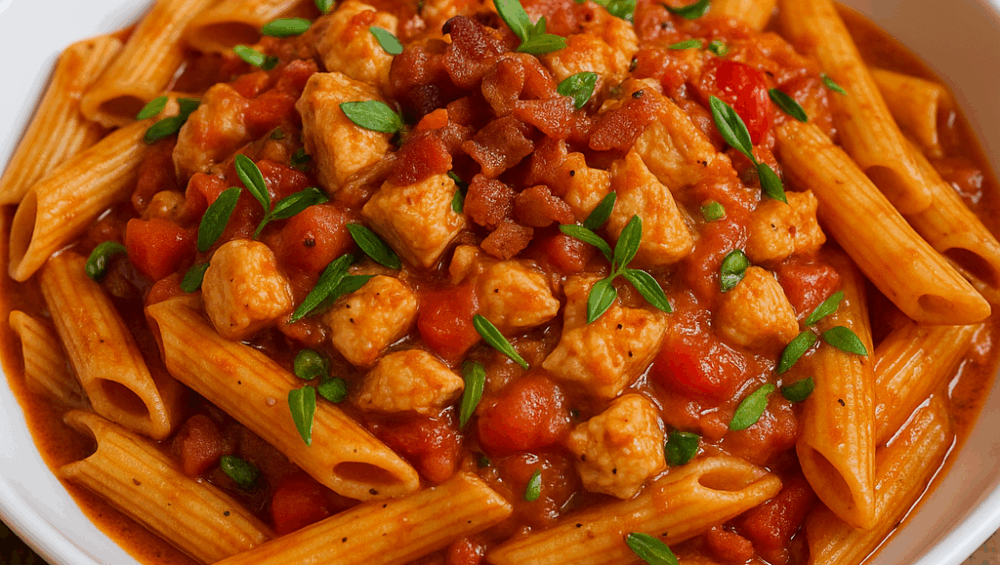 Pikantne ragout z kurczaka z rurkami penne