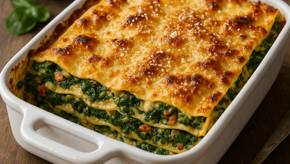 Lasagne ze szpinakiem, boczkiem i beszamelem