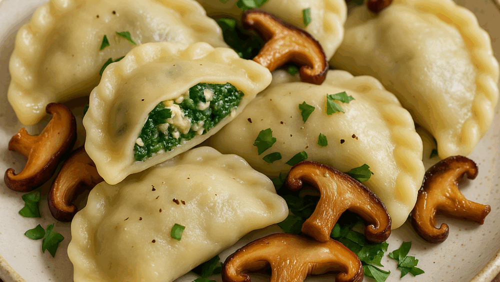 pierogi z ricottą, szpinakiem i grzybkami shiitake