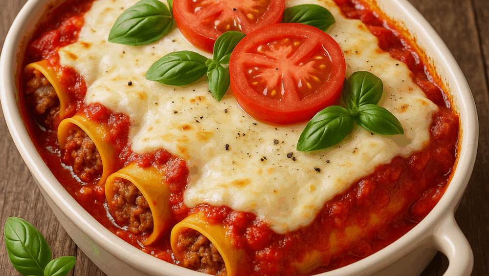 Cannelloni z mięsem, pomidorami i beszamelem czosnkowym
