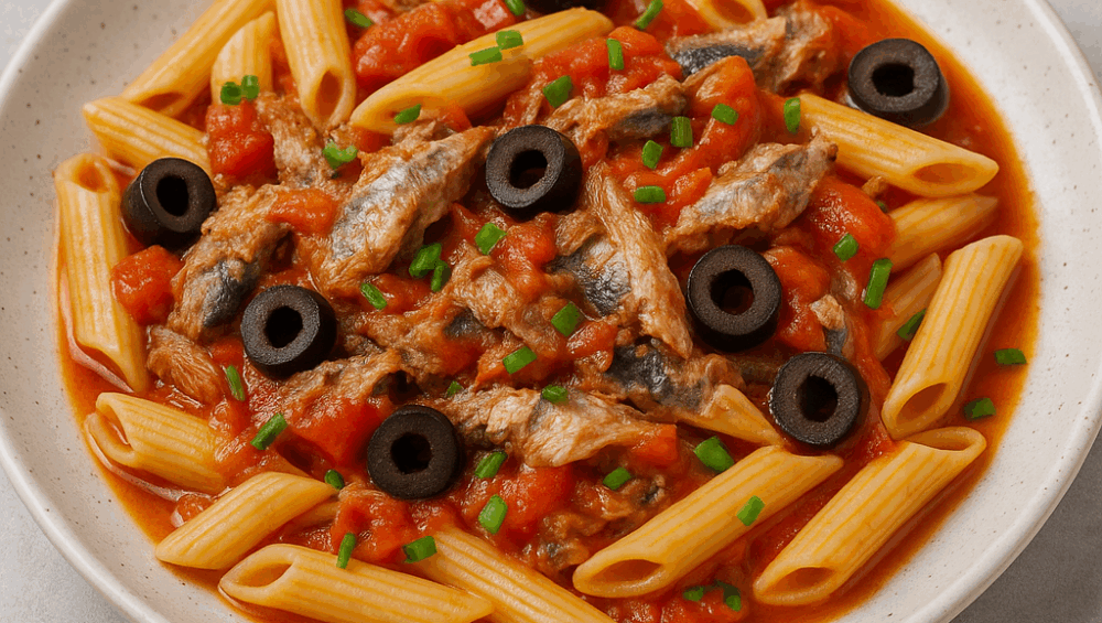 penne z sardynkami, pomidorami i czarnymi oliwkami