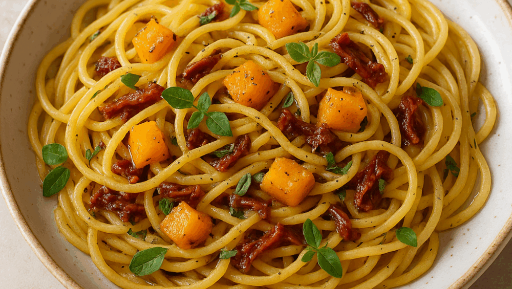 Spaghetti z dynią i suszonymi pomidorami