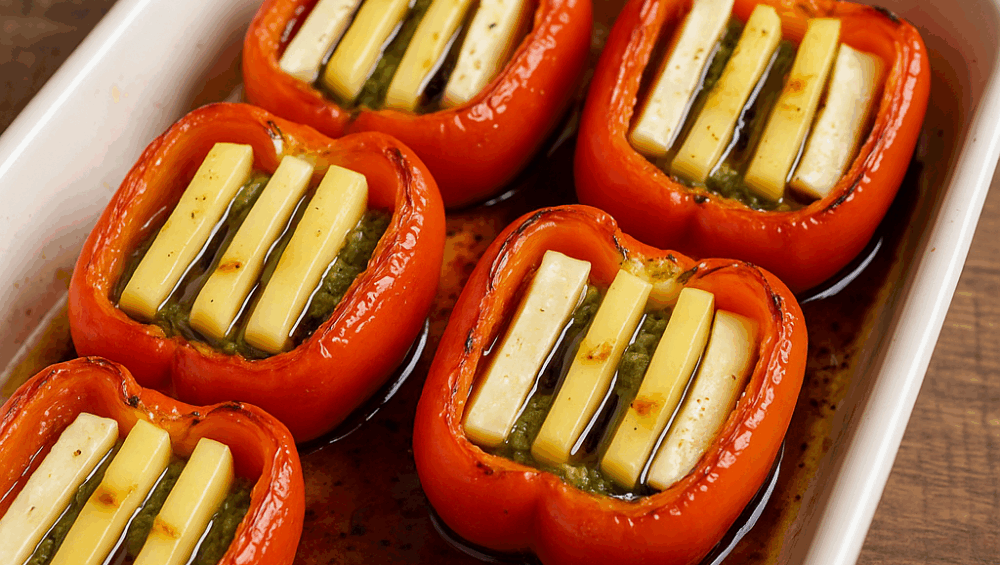 Nadziewana pesto i serem pieczona papryka z oliwą i octem balsamicznym
